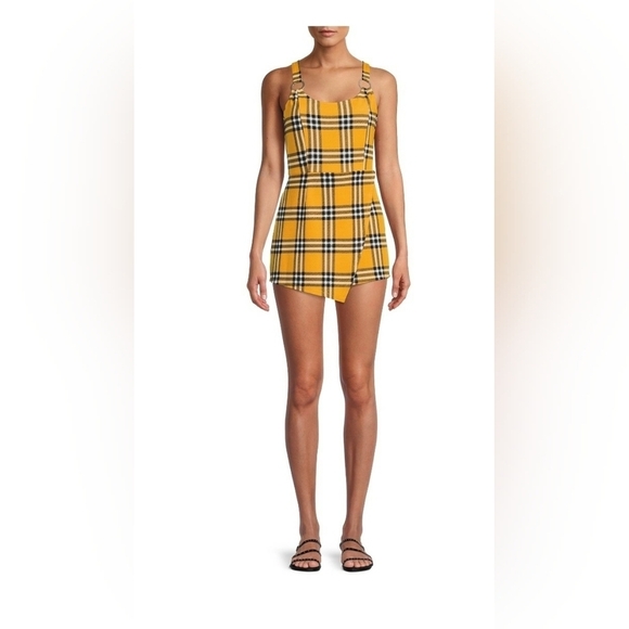 NoBo No Boundaries Plaid Tank Romper Mustard Yellow Black White Juniors XXL - Picture 2 of 13